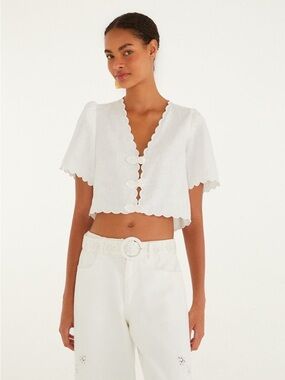 FARM RIO Off White Roses Scallop Top XS